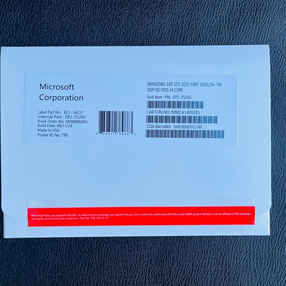 MS Windows Server 2025 Standard 64Bit 24 Core 50 CALs DVD with Key (Sealed) - Picture 2 of 2